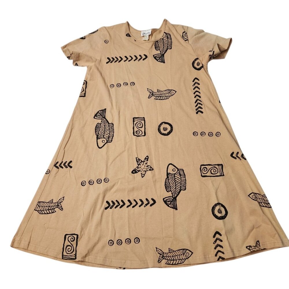 Vintage Chantilly Sea Fish All Over Print Short Sleeve Dress Womens XL